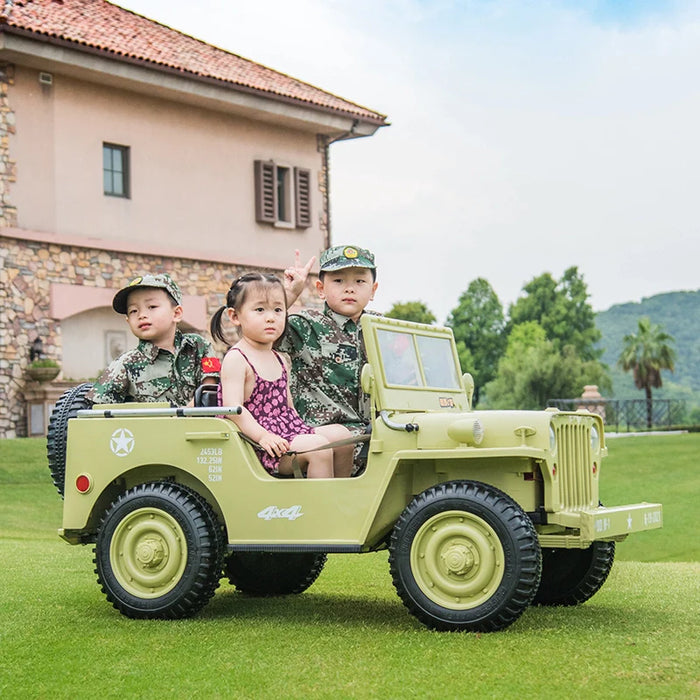 24V Willy Jeep 4x4 Kids Army Military Ride On Truck 3 Leather Seats Remote Control EVA Rubber Wheels