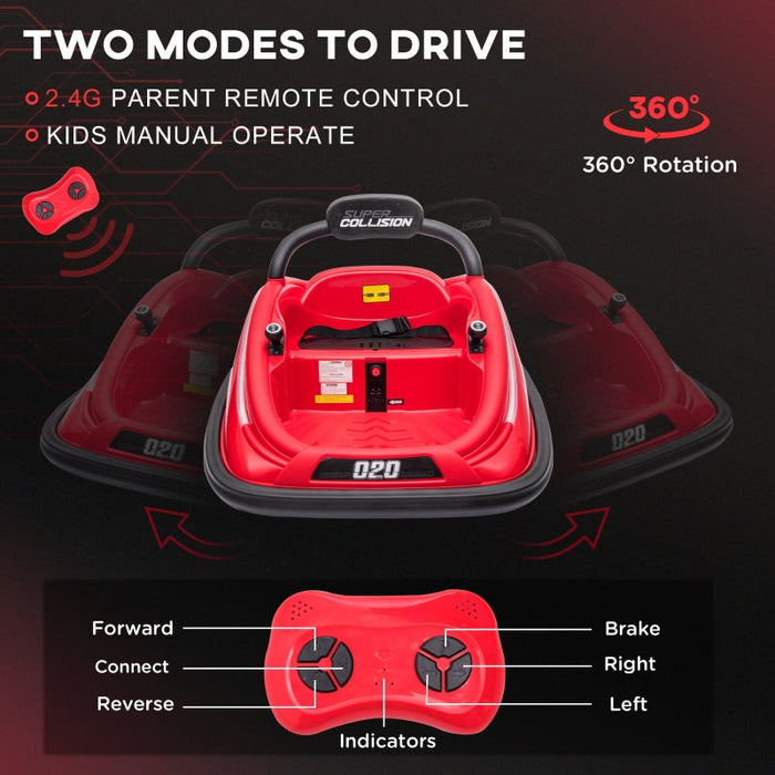 12V Kids Bumper Car Twins Motor Parent Remote Control 360° Rotation