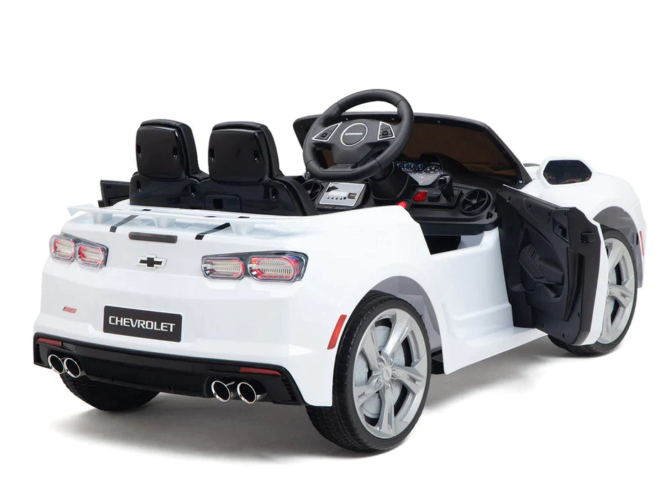 12V Chevrolet Camaro White Color Remote Control EVA Wheels Leather Seat