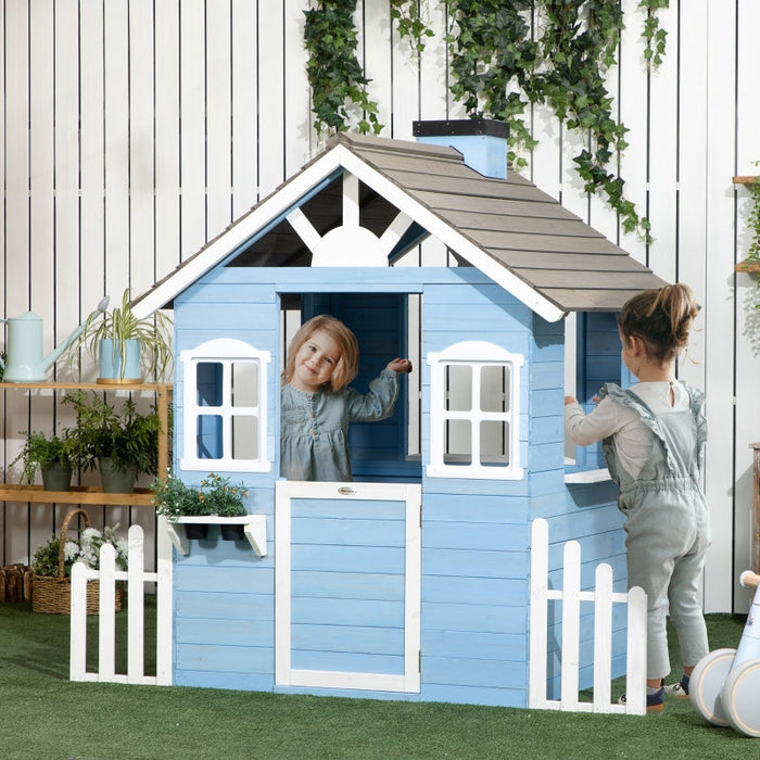 Kids Wooden Playhouse Outdoor with Flower Pot Holders Door Windows