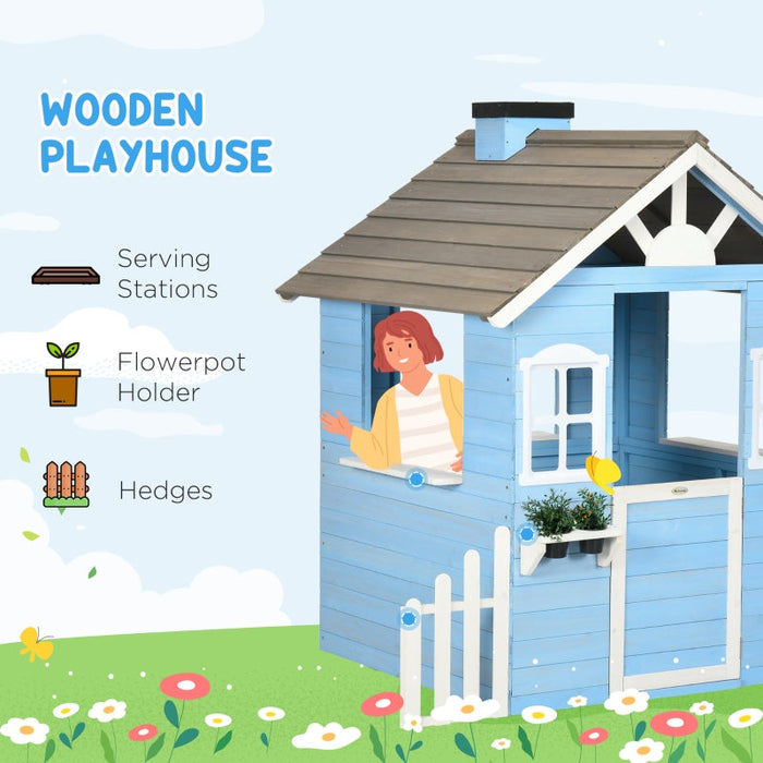 Kids Wooden Playhouse Outdoor with Flower Pot Holders Door Windows