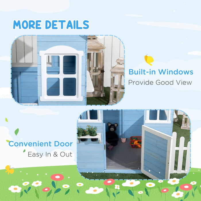 Kids Wooden Playhouse Outdoor with Flower Pot Holders Door Windows