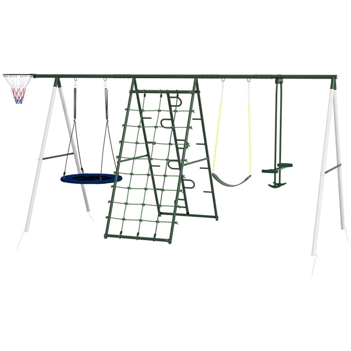 Kids Metal Swing Set for Backyard 1 Saucer Swing Basketball Hoop 1 Swing Glider Climbing Net and Steps