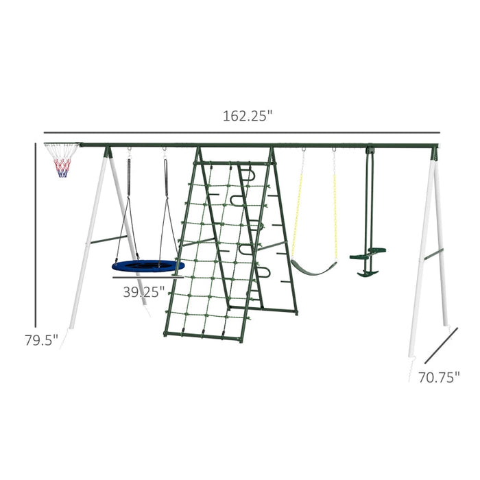 Kids Metal Swing Set for Backyard 1 Saucer Swing Basketball Hoop 1 Swing Glider Climbing Net and Steps