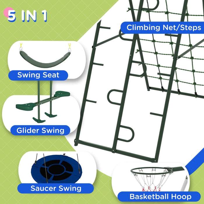 Kids Metal Swing Set for Backyard 1 Saucer Swing Basketball Hoop 1 Swing Glider Climbing Net and Steps