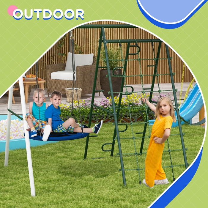 Kids Metal Swing Set for Backyard 1 Saucer Swing Basketball Hoop 1 Swing Glider Climbing Net and Steps